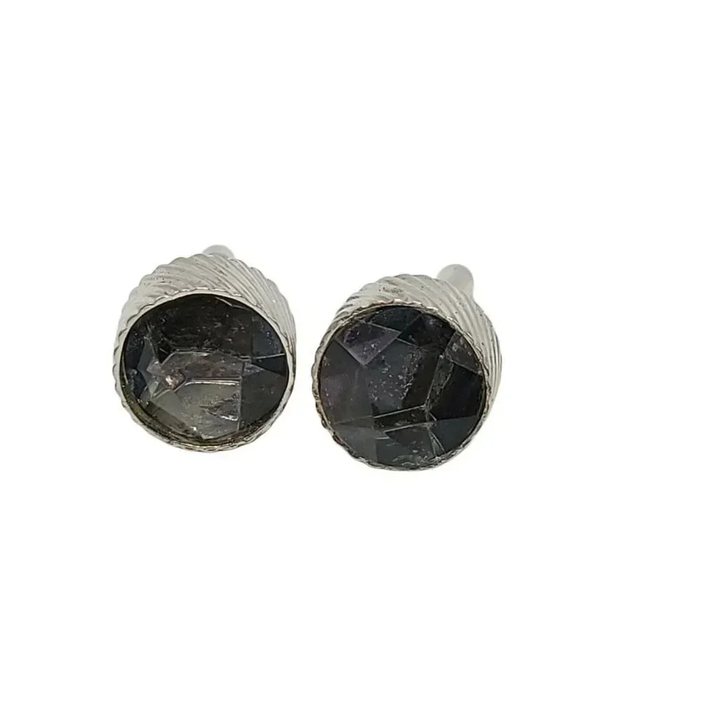 Swank Grey Gray Glass Faceted Rhinestone Silver Tone Cufflinks Vintage
